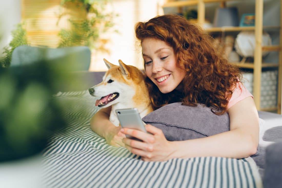 A dog owner resting on a sofa with her dog, reading an update on her phone
